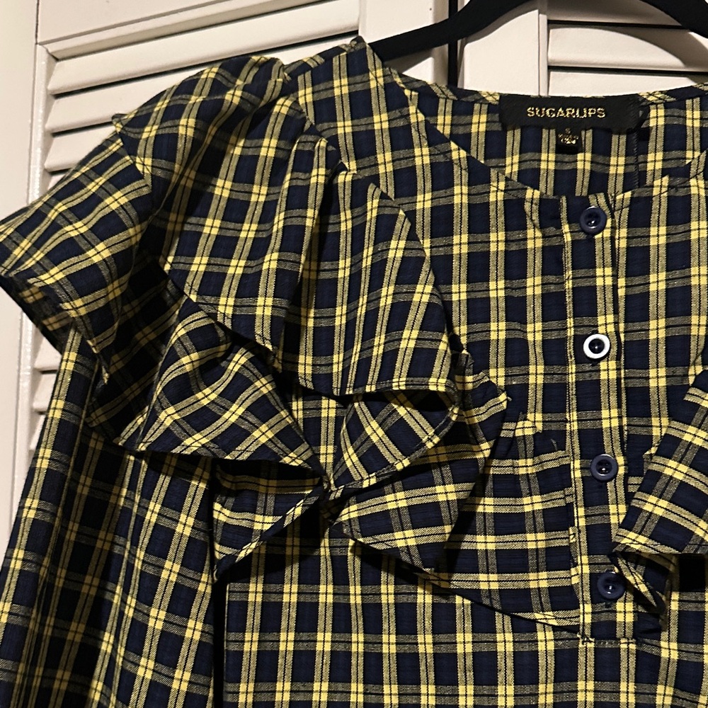Sugarups Blue and Yellow Checkered Ruffle Blouse - Picture 3 of 3